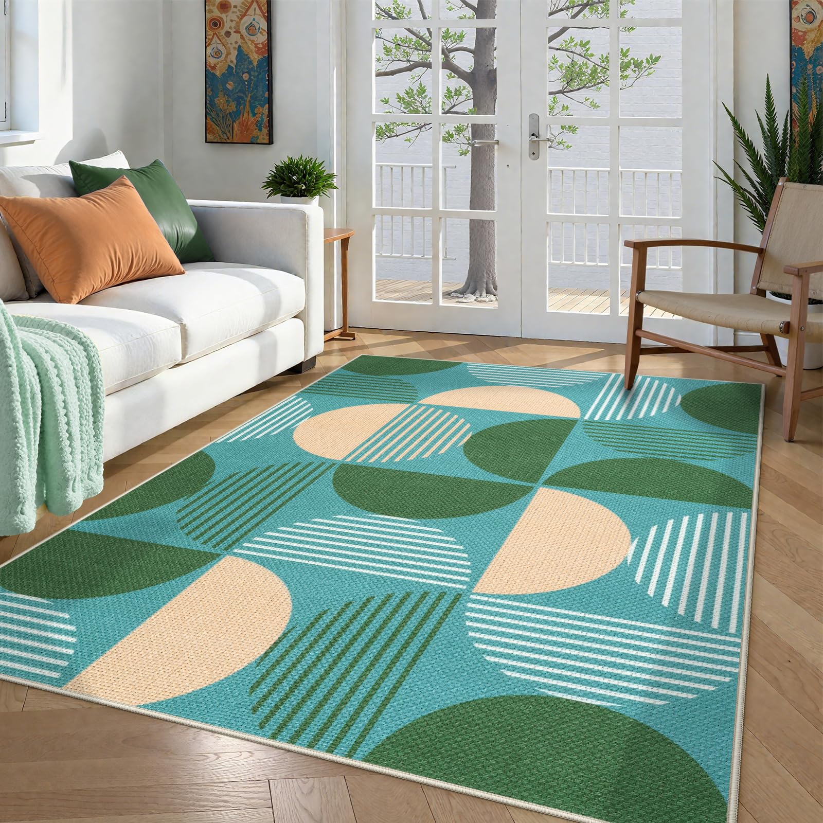 Photo 1 of LEEVAN Easy Jute Rainbow 5x7 Living Room Rugs, Washable Modern Geometric Outdoor Patio Rug Non Slip, Green Abstract Bedroom Rug, Neutral Non Shedding Floor Carpet for Backyard Dining Room