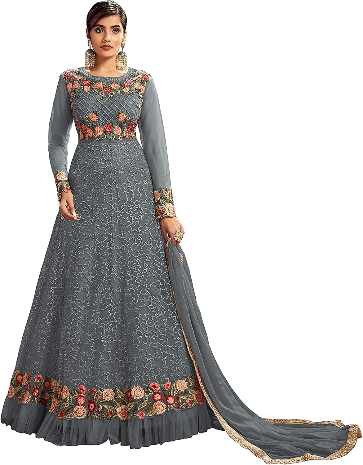 Tenue Anarkali Indienne JIVRAJ - Soie Brodée Avec Dupatta - Style Palazzo