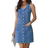 luvamia Denim Dresses for Women Sleeveless Stretchy Jean Summer Casual Western Short Button Down Dress with Patch Pocket