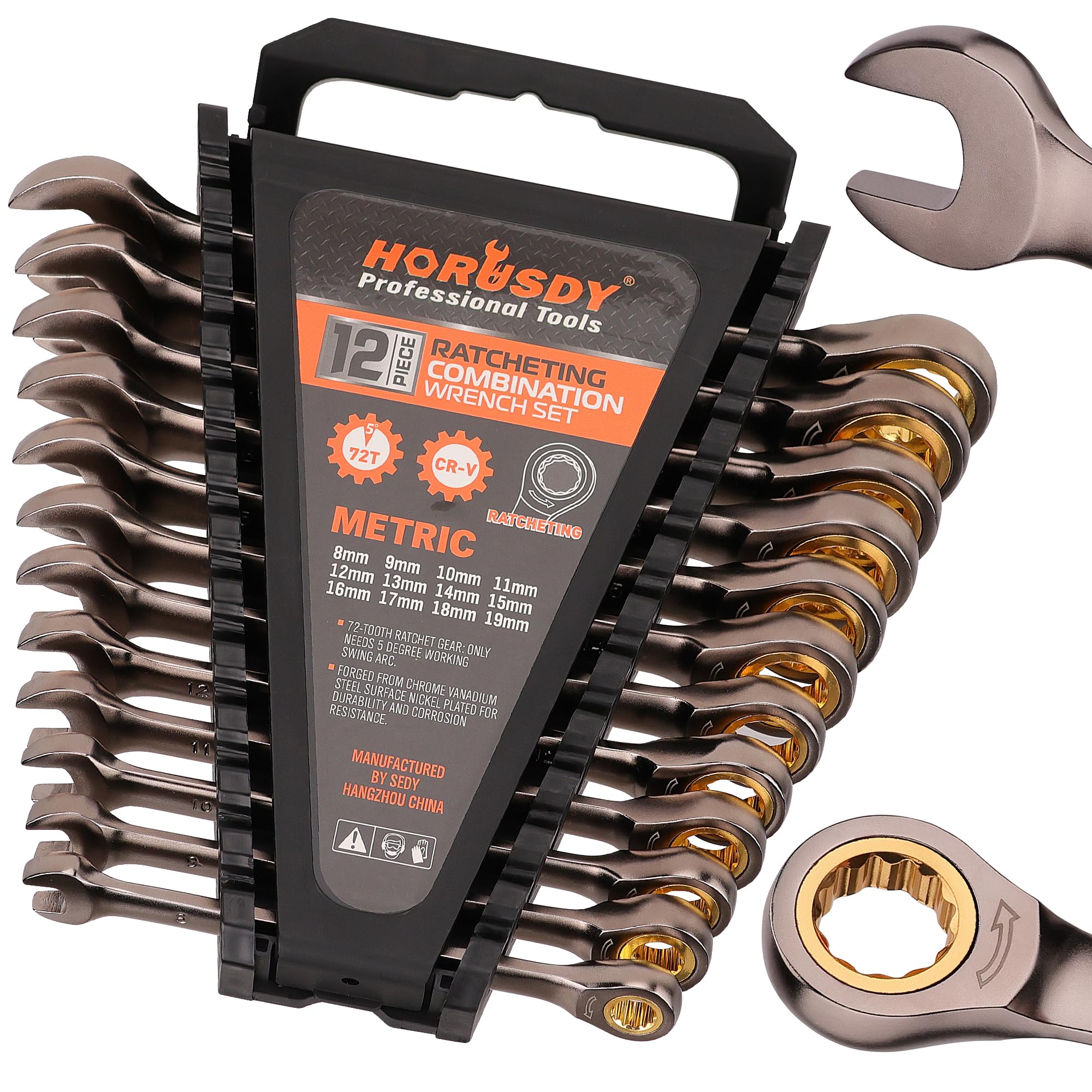 Photo 1 of HORUSDY 12-Piece Metric Ratcheting Wrench Set | 8-19 mm | Ratchet Combination Wrenches Set with Organizer | 72-Teeth | Chrome Vanadium Steel