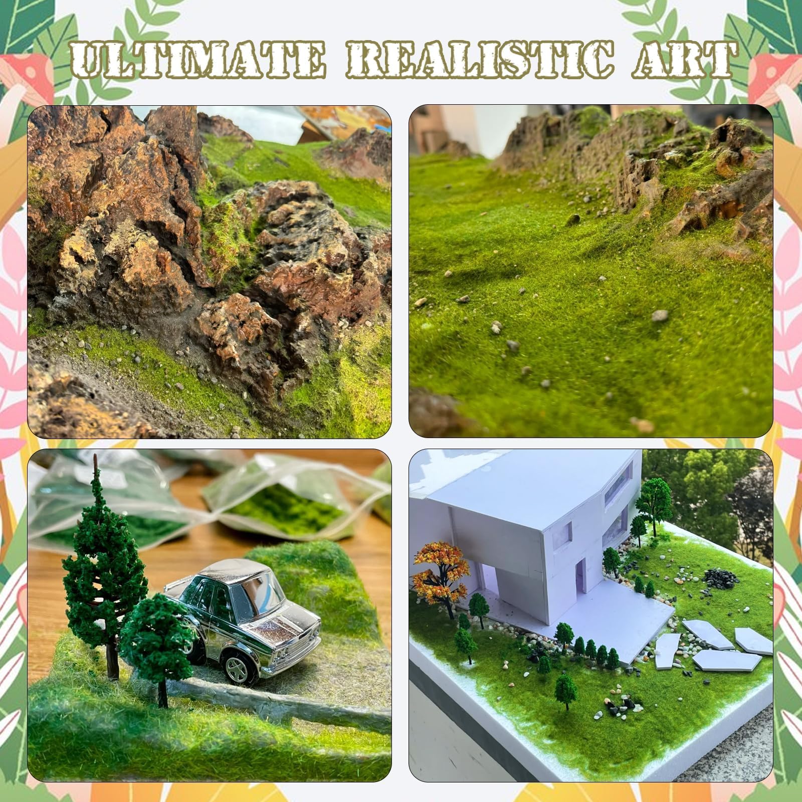 Warmtree 4Pcs Mixed Static Grass Terrain Powder 3mm Diorama Grass Model Grass Diorama Supplies Terrain Model Kit Sand Table Simulation Landscape War Game Miniatures Fairy Garden