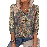 OFEEFAN Womens 3/4 Sleeve Tops with Buttons V Neck Summer Outfits Dressy Casual Blouses for Women Fashion Clothes