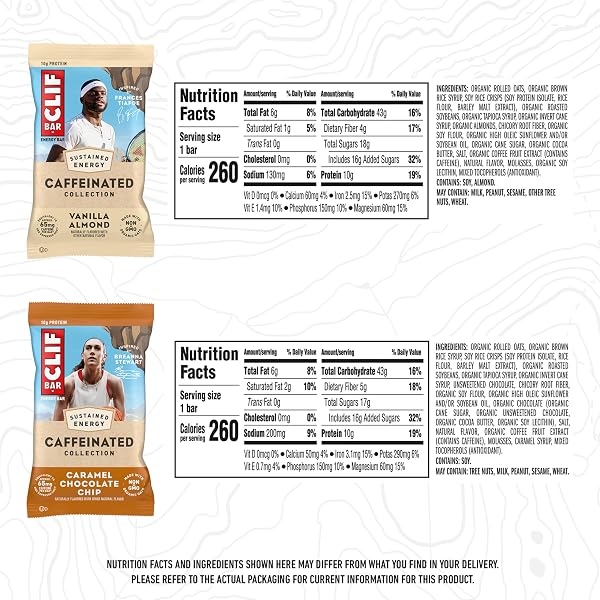 CLIF BAR CAFFEINATED COLLECTION – ENERGY PROTEIN BARS – CARAMEL CHOCOLATE CHIP AND VANILLA ALMOND – VARIETY PACK – MADE WITH ORGANIC OATS – ENERGY BARS – NON-GMO – (10 PACK)