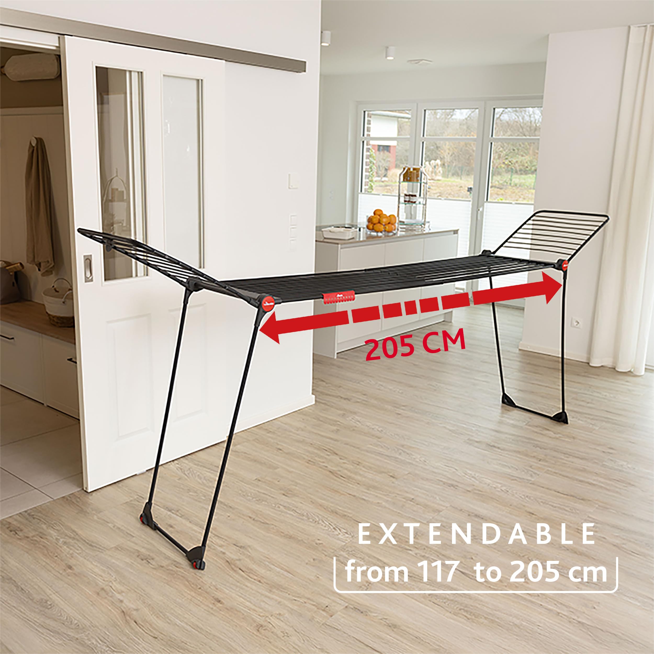 Vileda Infinity Flex Ultimate Wäscheständer Black Edition | Ausziehbares schwarzes Teleskopgestell, XXL-Trockenstäbe | Klappbar & Vormontiert - Weniger Abdrücke für große Textilien | Comfort-Pack 3