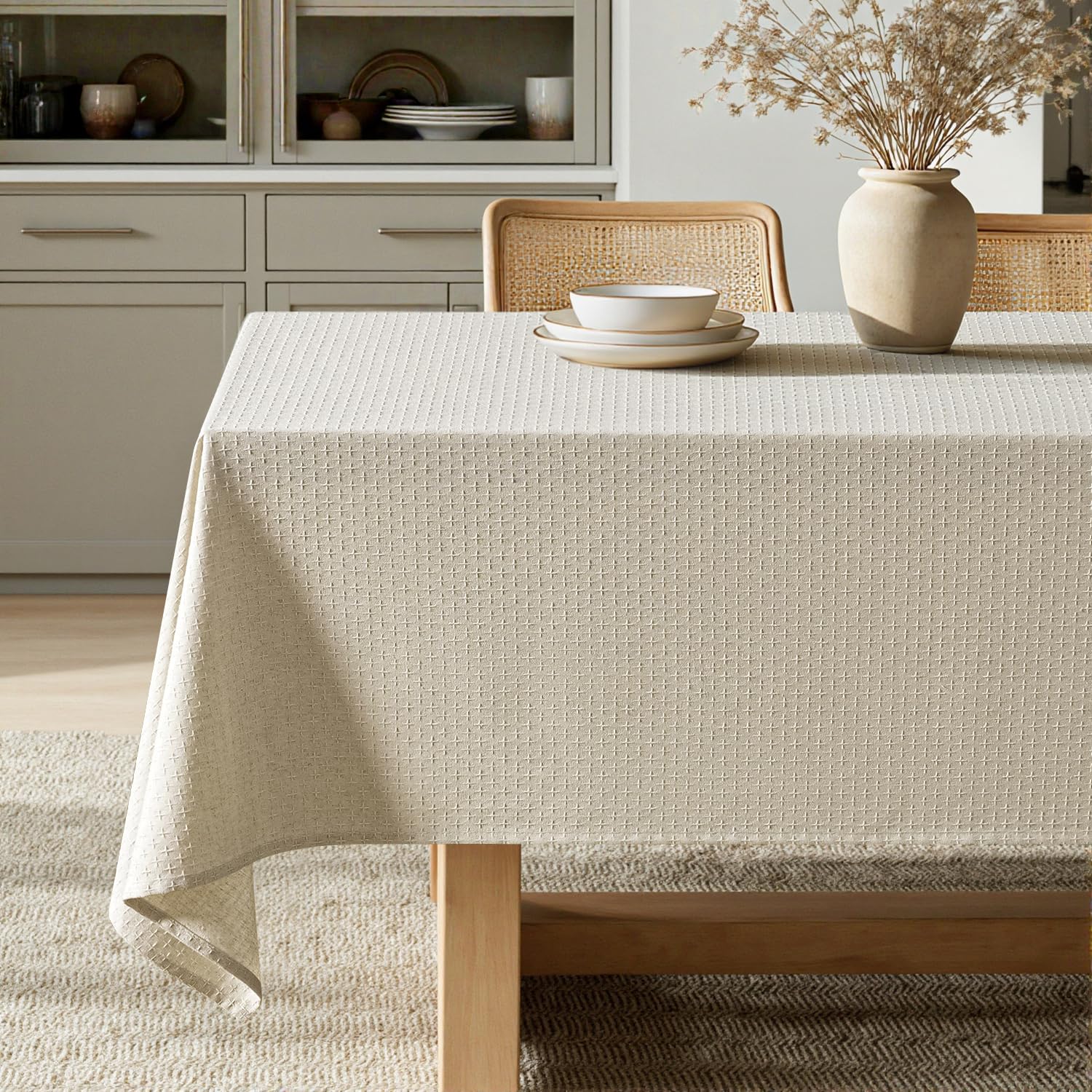 Photo 1 of MIULEE Natural Linen Cottton Table Cloth Rectangle Tablecloth Waterproof Spillproof Cross-Star Textured Table Cltoth Decorative Farmhouse Style for Dining Party Weddings 60x104 Inch