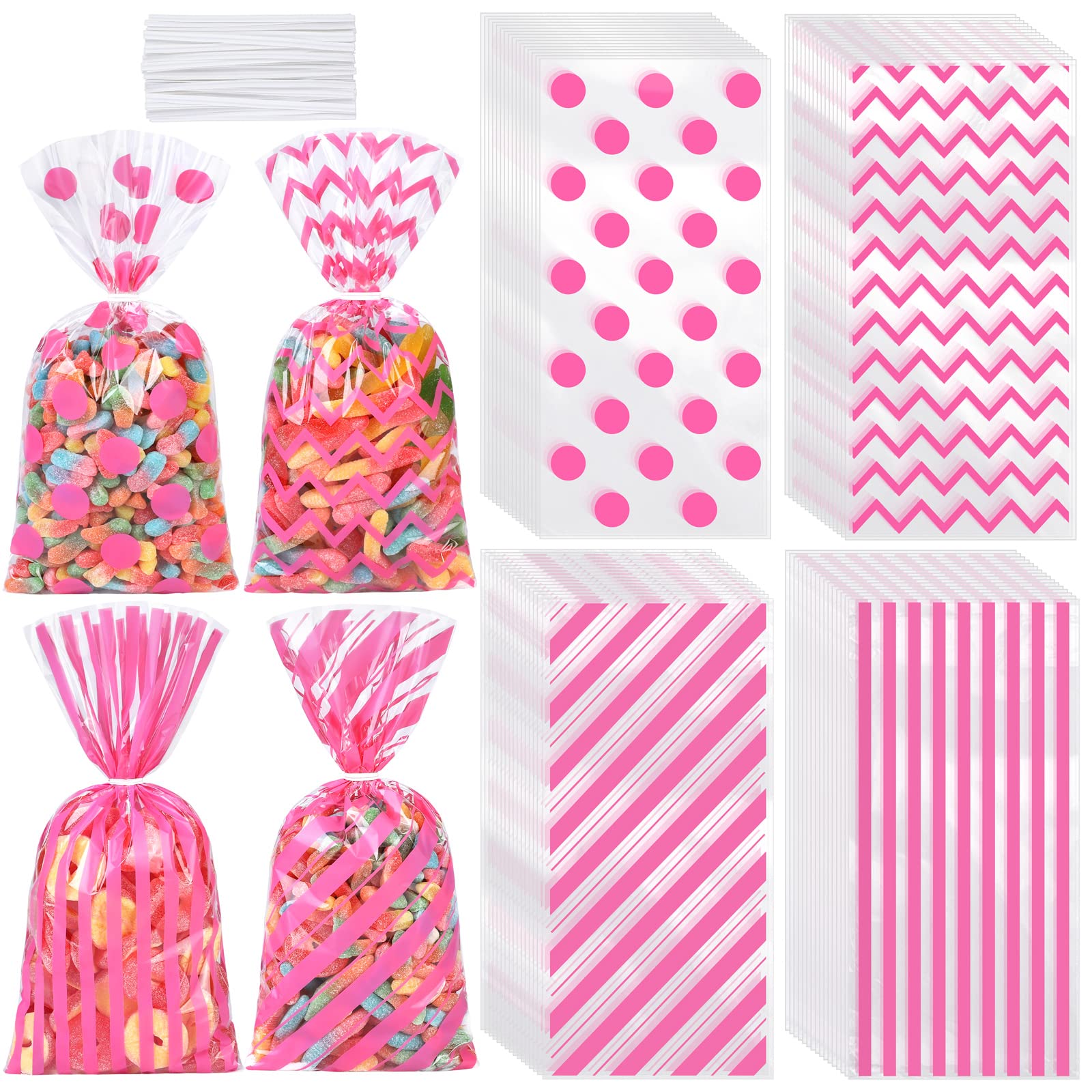 Aodaer 100 Pieces Pink Cellophane Bags Polka Dot Stripes Printed Pattern Goodie Gift Bags with Twist Ties for Birthday, Baby Showers, Weddings Party Supplies