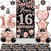 16th Birthday Decorations for Girls, Sweet 16 Party Decorations, Happy 16th Birthday Decorations Girl, Rose Gold 16th Birthday Banner Door Backdrop Balloons Tablecover Number 16 Balloon Party Decor