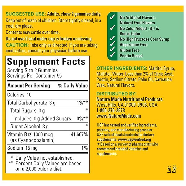 NATURE MADE ZERO SUGAR ENERGY VITAMIN B12 GUMMIES 1000 MCG PER SERVING, B12 VITAMIN, ENERGY METABOLISM SUPPORT, ASPARTAME FREE, 110 SUGAR FREE GUMMIES, 55 DAY SUPPLY