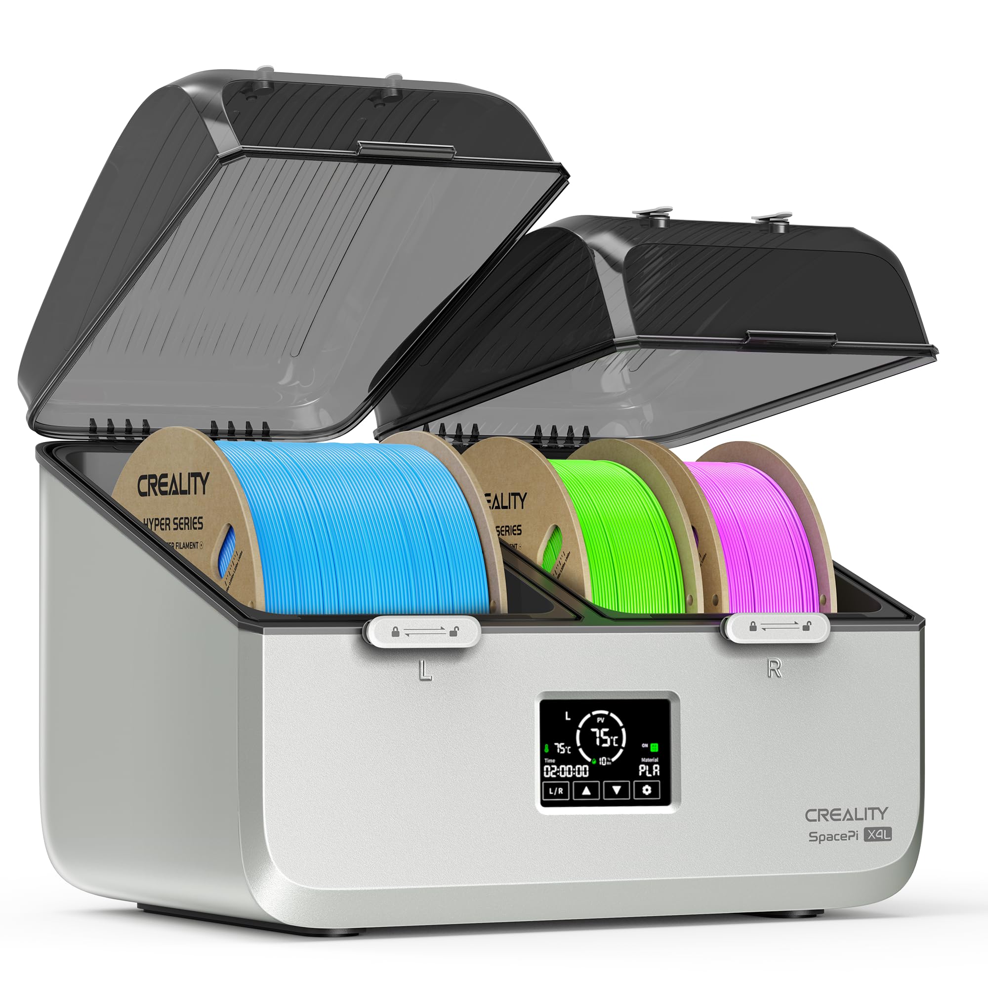 Creality Filament Trockner für 4 Spulen, SpacePi X4L, zwei unabhängige Heizkammern, Temperatur bis 75 °C, LCD Touchscreen, Filament Trockenbox für PLA PETG ABS TPU PA