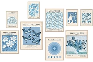KONGSY Blue Wall Art Poster Prints,Set of 9 Matisse Wall Decor for Dorm Bedroom,Trendy Aesthetic Pictures for Teens Boys Girls, Maximalism Posters Wall Decorations