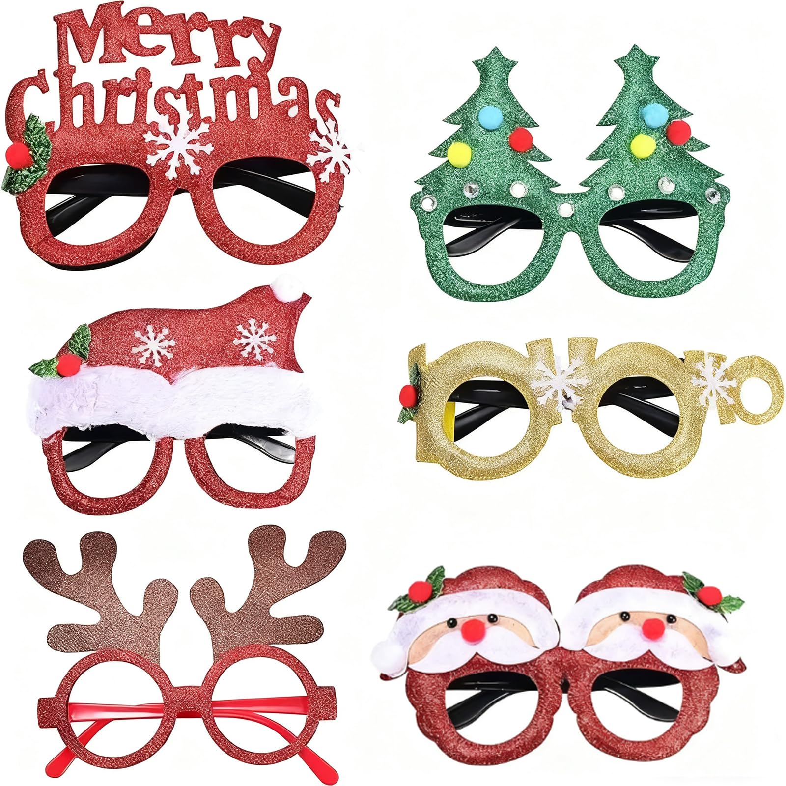 6 Pcs Christmas Glasses to Wear Glitter Christmas Novelty Glasses Fancy Xmas Glasses Christmas Decoration Costume Christmas Party Props without Lenses for Christmas Parties New Year Favors Photo Booth