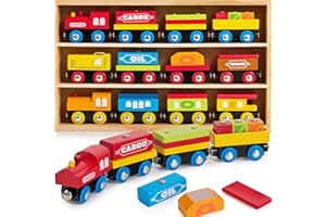 SYNCFUN Montessori Wooden Train Toy Set for Kids, 12PCS Magnetic Train Cars with Storage Gift Box, STEM Educational Toy for Boys & Girls, Ages 2-8 Years, Christmas Birthday Party Gift