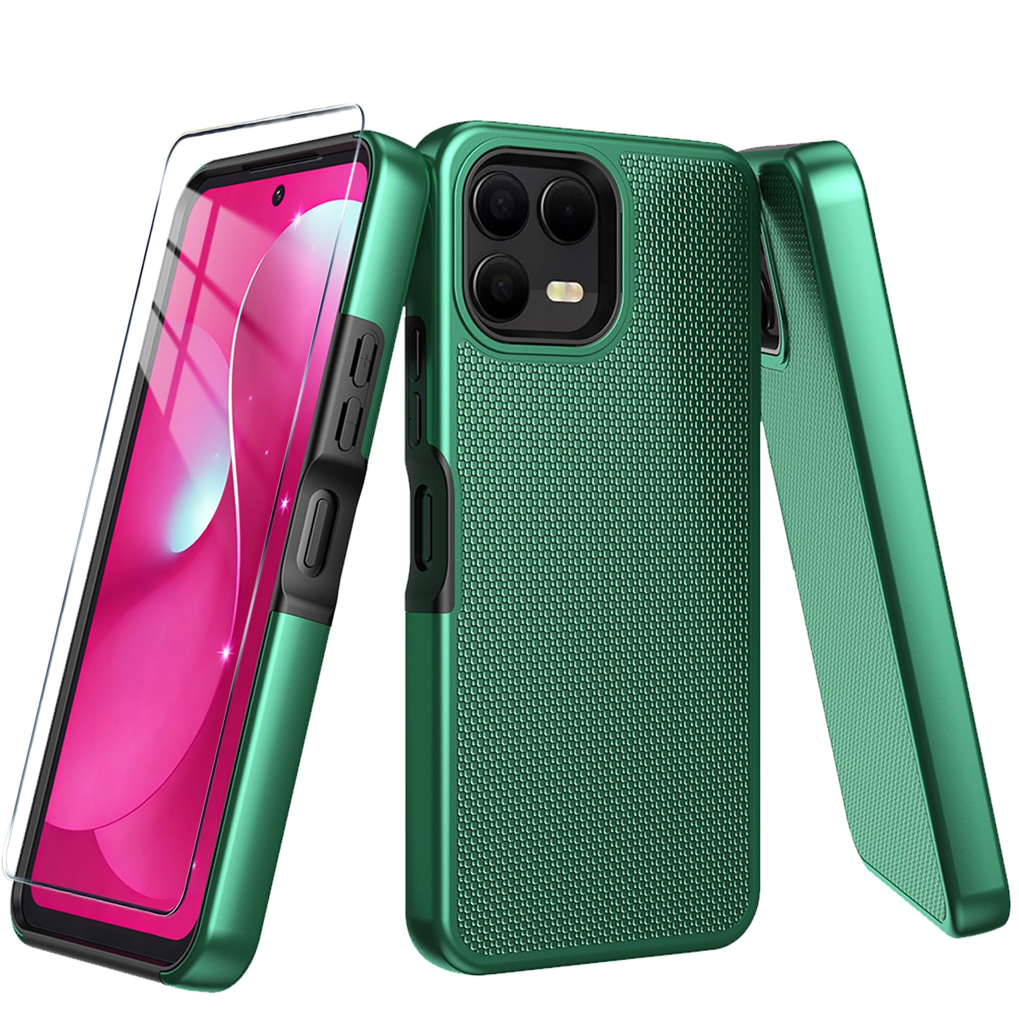 Mocotto for T-Mobile REVVL 8 Pro (PRO Version Only) Phone Case with Tempered Glass Screen Protector,Dual Layer Heavy Duty Shockproof Protection Cover (Dark Green)