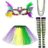 Syhood 6 Pcs Mardi Gras Costume Set, Sequined Tassels Tutu Skirt, Faux Feather Pattern Half Mask, Necklace and Long Socks