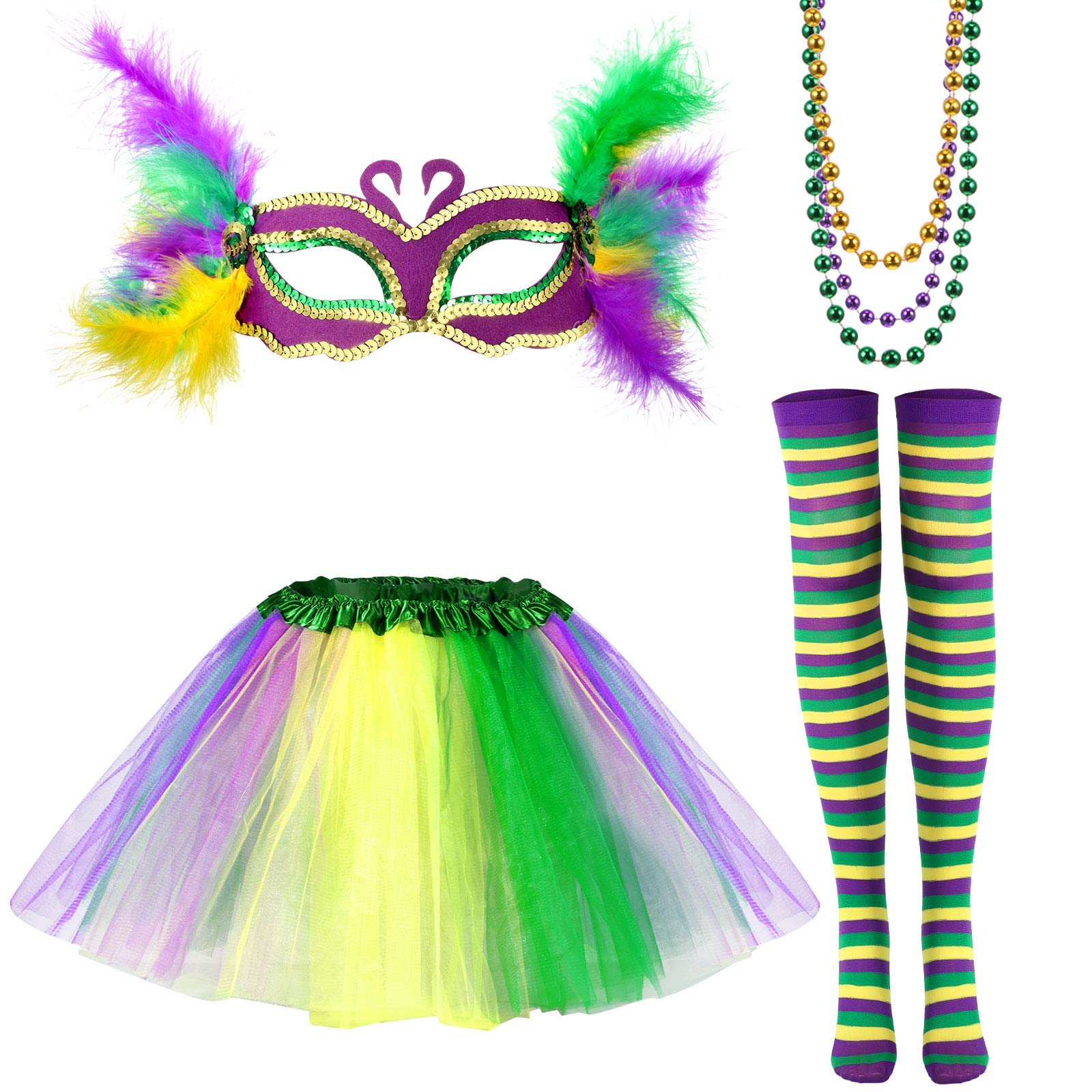 6 Pcs 80s Halloween Costume Accessories Set, Tutu Skirt, Faux Feather Half Mask, Necklace and Long Socks(Purple, Yellow and Green,Medium)