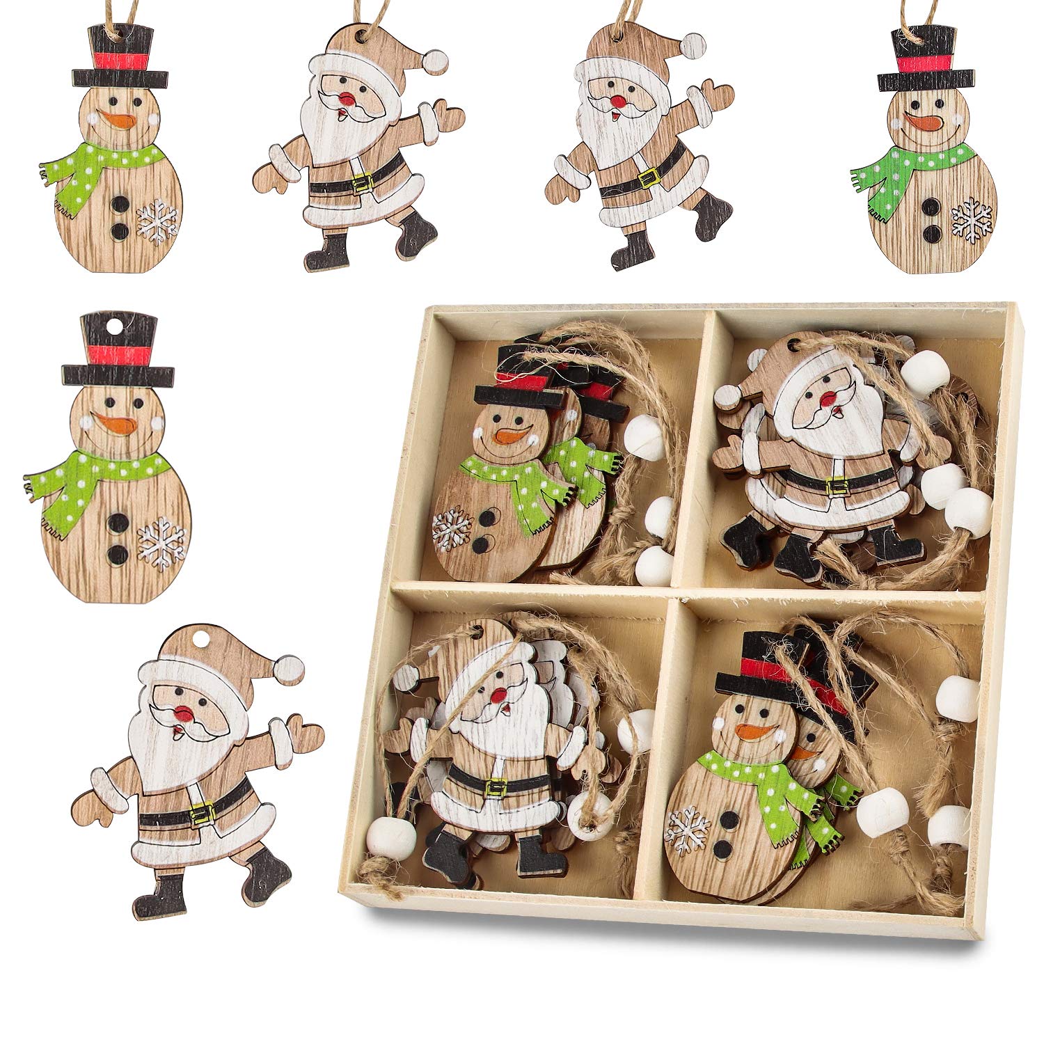 12pcs Christmas Tree Hanging Ornaments, Wooden Ornaments Finished Set, Wooden Hanging Ornaments with Boxes, A Variety of Patterns, Pendant Christmas Holiday Ornaments, Natural Wooden Slices (MZ801 12)