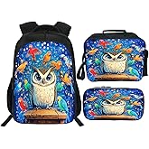 Quorin Owl Backpack School Bag 3PCS Backpack 16 Inch with Lunch Bag Set Lightweight for Teen Boys Girls Kids Elementary Middle School