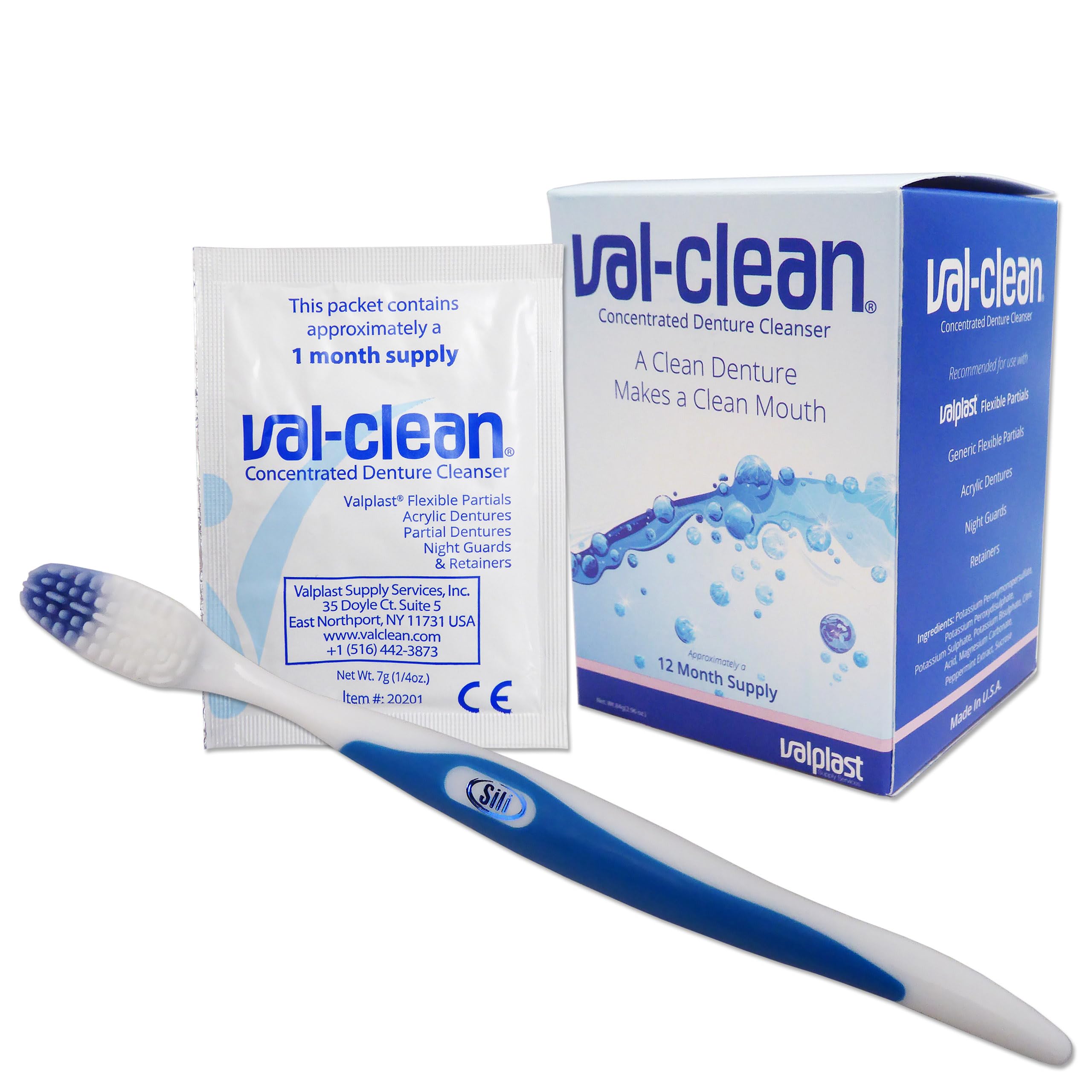 Val-Clean Sachets & Silicone Brush - 12 Sachets 1 Years Supply Valplast Flexible Denture Cleaner (Blue Brush)