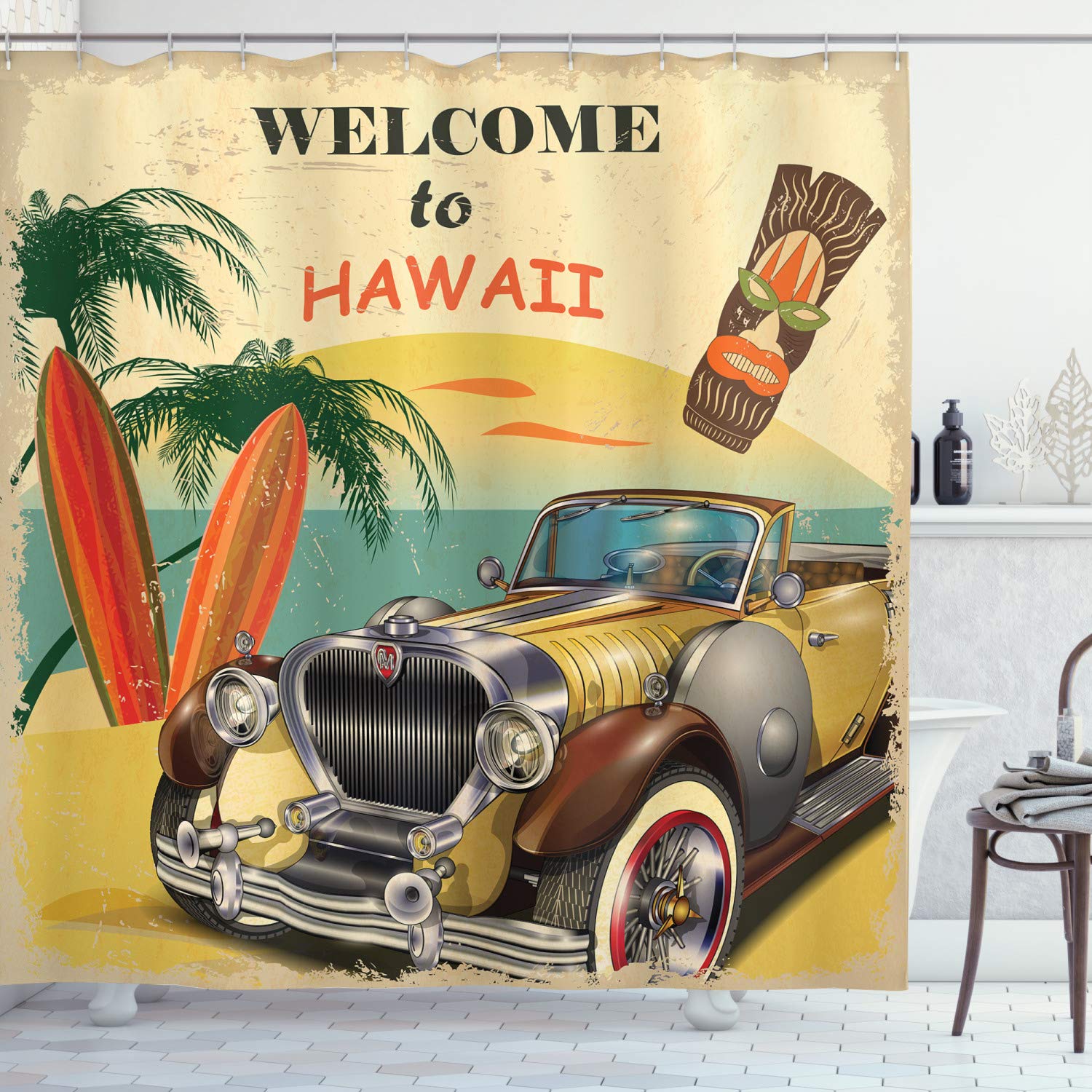 ABAKUHAUS Retro Shower Curtain, Welcome to Hawaii American Pop Art Print with Aged Car Palms Tribal Surfboards, Cloth Fabric Bathroom Decor Set with Hooks, 94 Inches, Multicolor