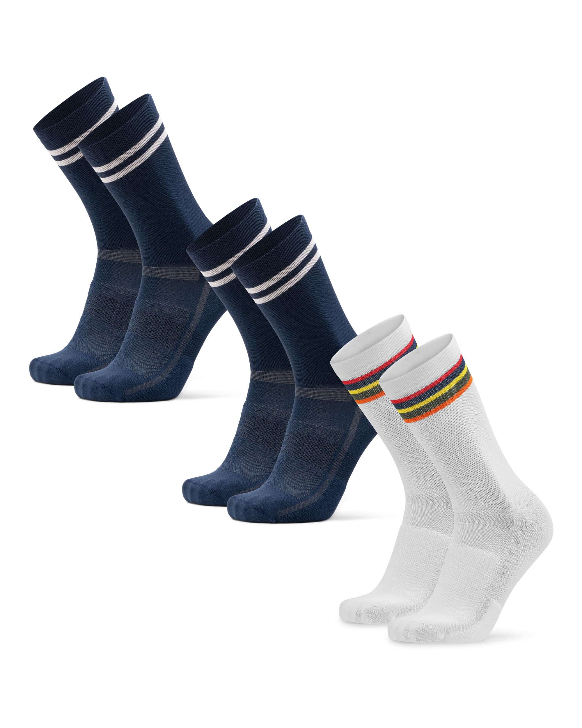 DANISH ENDURANCE Cycling Socks, Crew Length, Breathable, Cushioned, Biking Socks for Men & Women, 3 & 5-Pack, Multicolor (2x Navy/Stripes, 1x White/Stripes), Large Image