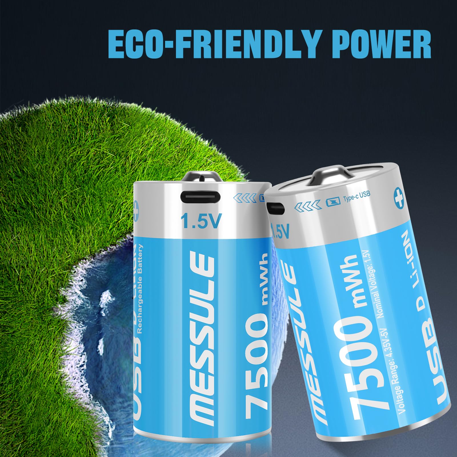 messule Rechargeable Lithium D Batteries with 4 in 1 USB-C Charge Cable,4 Pack D Cell Li-ion Battries,LR20 1.5V D Size Cell Battery Replacement 7500mWh for Floodlight Toys(4 Pcs)