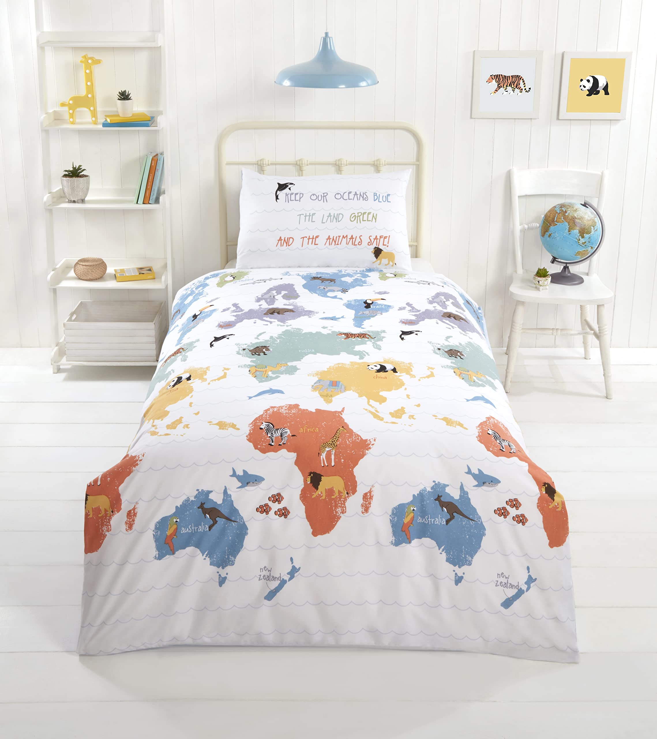 Rapport Home Furnishings Kids' Sustainable Single Bedding Set - Children's World Map Geographical Double Duvet Cover Set, Eco-Friendly Reversible Easy Care Quilt Cover (200 x 200 cm)