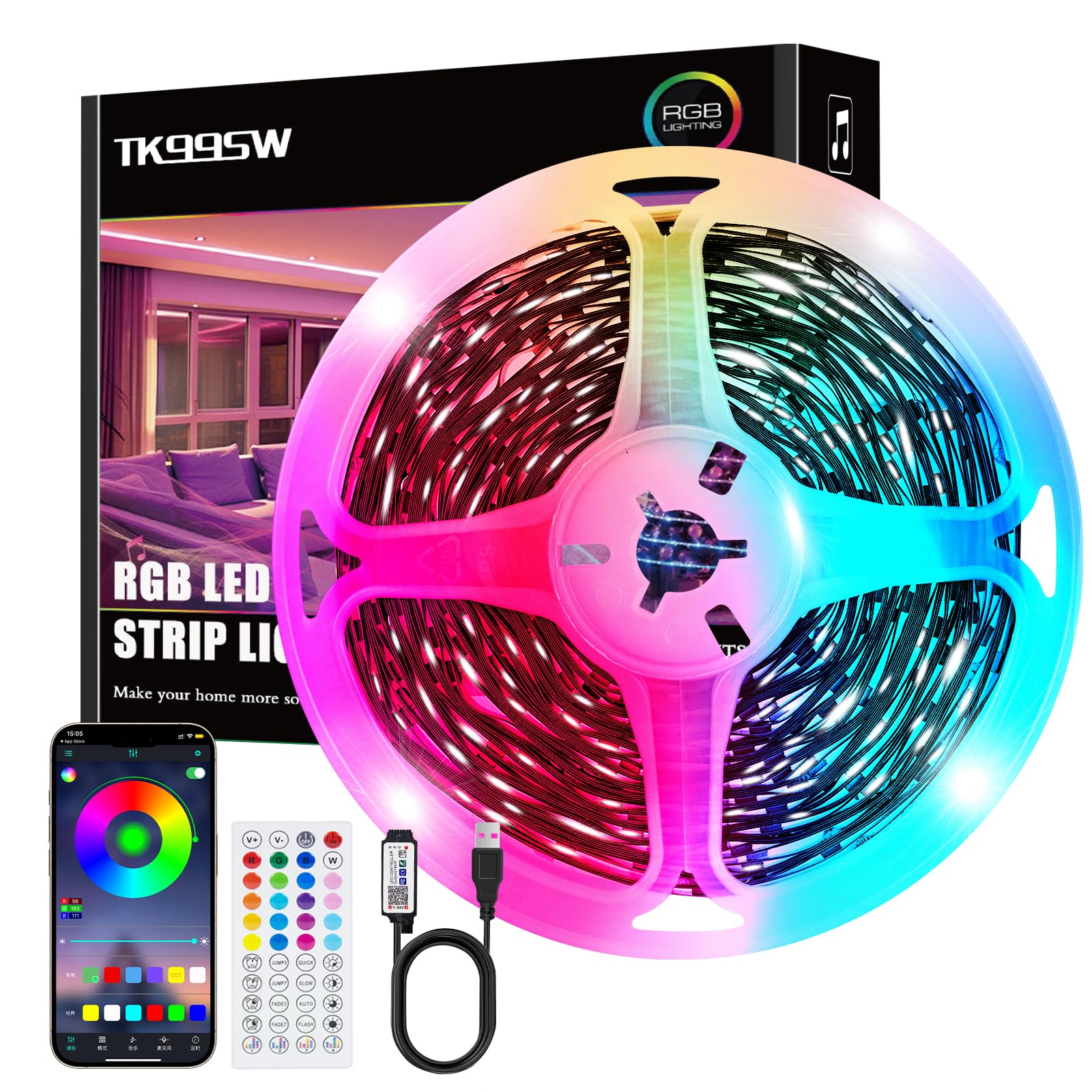 TK99SW Led Strip Lights 15m, Music Sync Color Changing Flexible RGB Led Strip Lights with Smart App Control Remote for Bedroom Home Kitchen Party Lighting Decoration