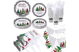 Ziliny 352 Pcs Christmas Buffalo Plaid Party Supplies Serve 50 Guests Christmas Paper Plates Cup Napkin Plastic Cutlery Tablecloth Holiday Disposable Tableware Set for Xmas Dinner Party Decoration