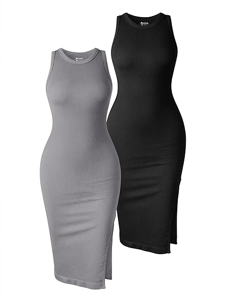 OQQ WOMEN’S 2 PIECE DRESS SEXY RIBBED HALTER NECK FASHION SPLIT TANK TOPS DRESSES BLACK SMOKE GREY, SMALL