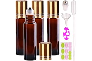 inice 4 Pack Essential Oil Roller Bottles 10ml Amber Glass RollerBall Bottle with Stainless Steel Roller Ball Alloy Cap for Daily Care