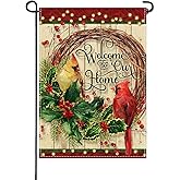 Artofy Christmas Cardinal Small Decorative Garden Flag, Vintage Xmas Holly Berry Wreath Farmhouse Yard Lawn Outside Decor, Winter Holiday Rustic Burlap Outdoor Home Decoration Double Sided 12 x 18