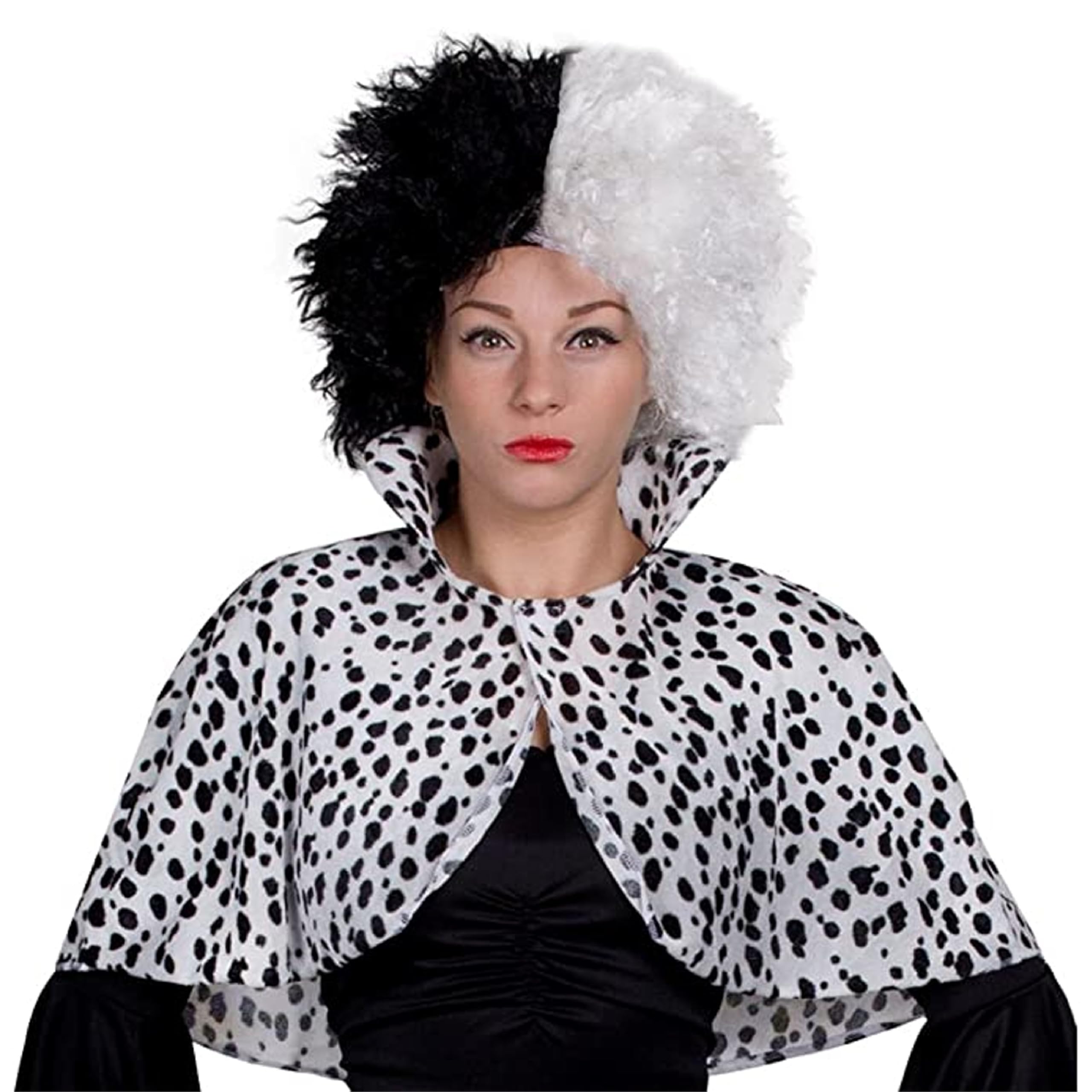 Evil Dog Lady Accessory Setevil Dog Lady Accessory Set - Standard Size - Dalmatian Print Shoulder Cape and Half-black Half-white Frizzy Wig - Perfect for World Book Day