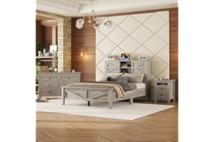 XD Designs Farmhouse Design 3-Pieces Bedroom Sets, Full Size Platform Bed with Storage Nightstand and Dresser, Solid Wood Platform Bed with Double Sliding Door Storage Headboard and Charging Station