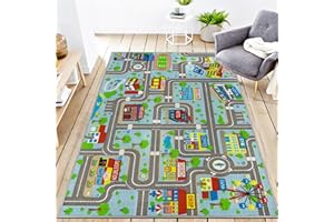 VSIWB Educational Road Traffic Carpet Kids Carpet Playmat Car Rug Fun City Life Map Kids Car Rug Non Slip Play Carpet for Children Playroom Bedroom Classroom Decor (Sky Blue, 5'2''x3'3'')
