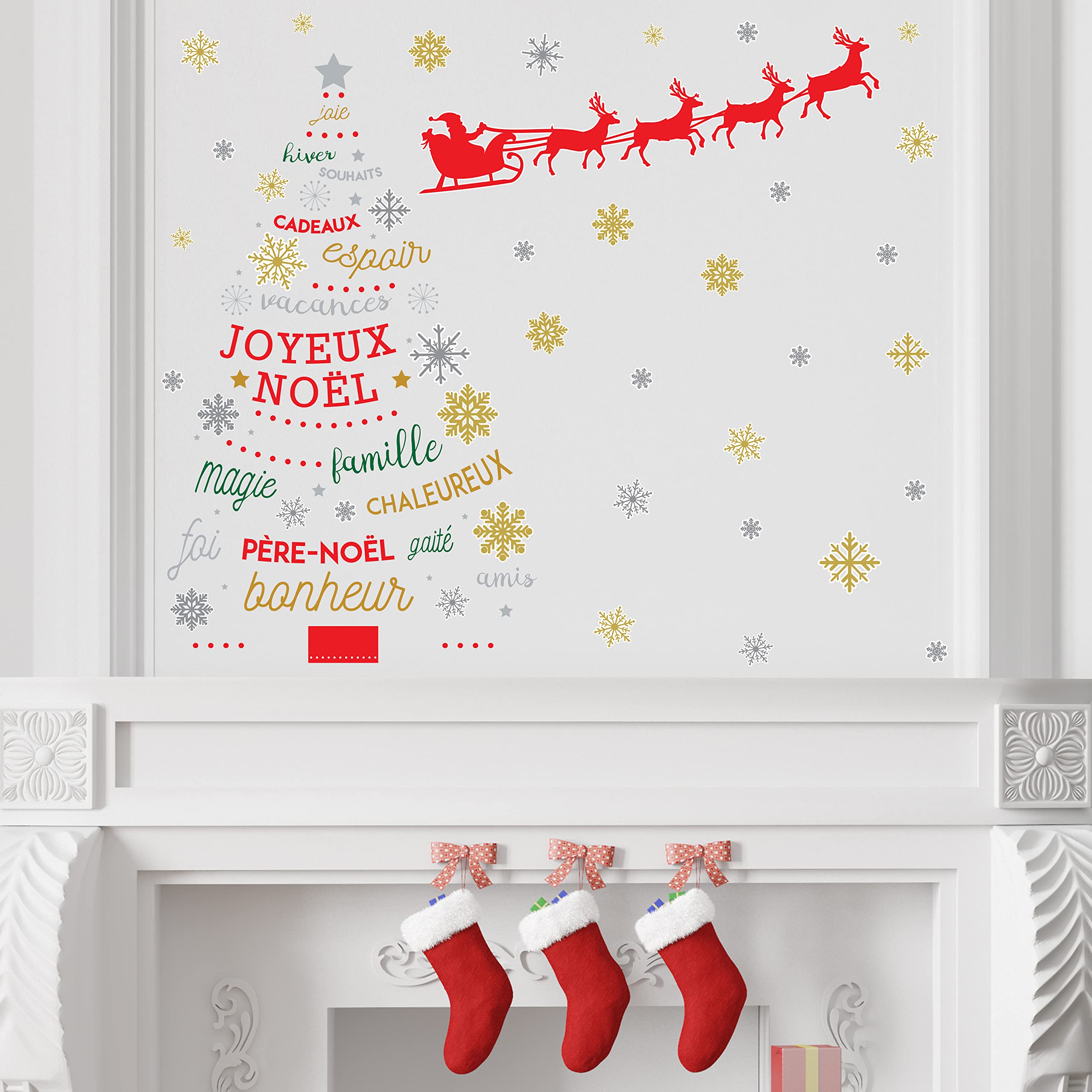 Wallflexi Christmas Decorations Wall Stickers "Santa's Sleigh & French Quotes Christmas Tree" Wall Murals Decals living Room Children Nursery School Restaurant Cafe Hotel Home Office Décor, multicolour