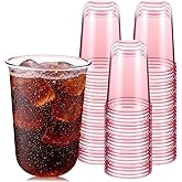 zisiueel 50 Pcs Disposable Stemless Glasses Crystal Plastic Wine Glasses Clear Classic Pet Cup for Meeting Weddings Birthdays Cocktail Graduation Party Supplies(Pink,16oz)