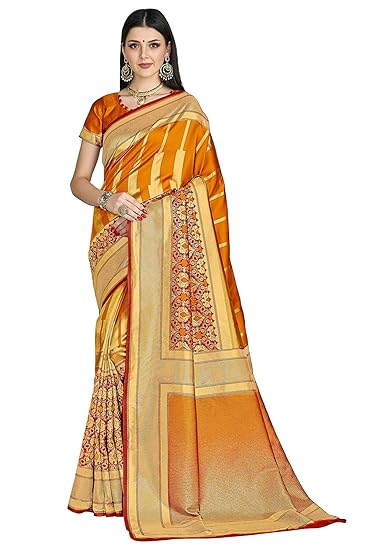 Womens Silk Blend Banarasi Saree (Bridal_Silk110_Orange_Orange)