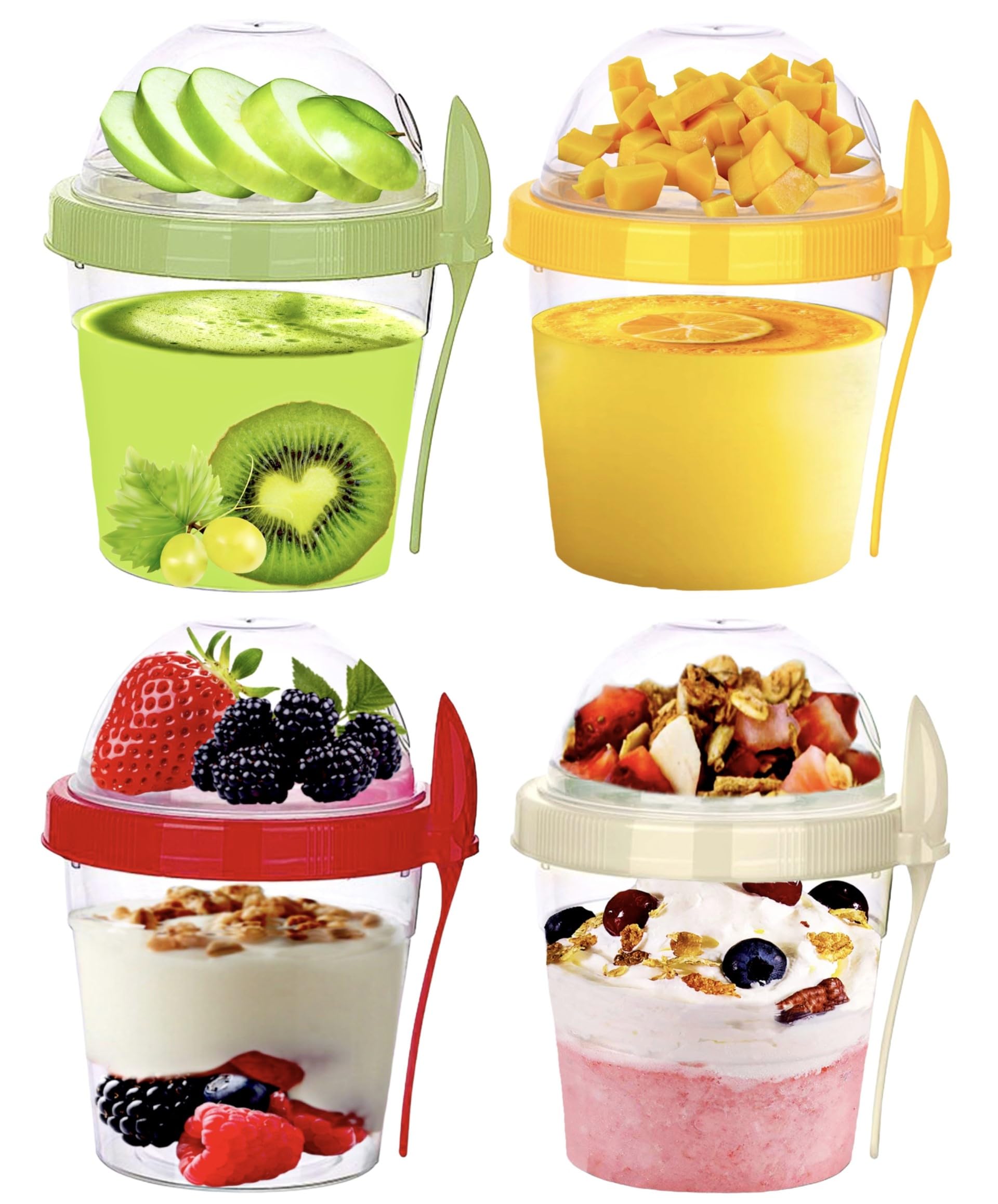 4All Yogurt Cup and Spoon 500ML Reuseable BPA free Breakfast Pot Museli Cup Spoon With Lid Dishwasher Safe Oatmeal Jars Cereal Container Pack of 4