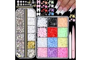 BELICEY 3D Nail Charms Colorful Blossom Flower Bow Butterfly Charms for Nails Multisize Flatback Pearls Starry AB Crystals Rhinestones for Manicure DIY Nail Art Design with Tweezer & Picker Pen
