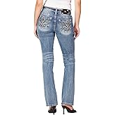 Miss Me Women's Tribal Fleur de Lis Embellished Pockets Mid-Rise Bootcut Jeans