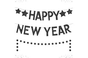 Katchon, Glitter Happy New Year Banner Black - No DIY, 2 Strings | New Years Banner for New Years Decorations 2025 | Black Happy New Year 2025 Banner for New Years Eve Party Supplies 2025