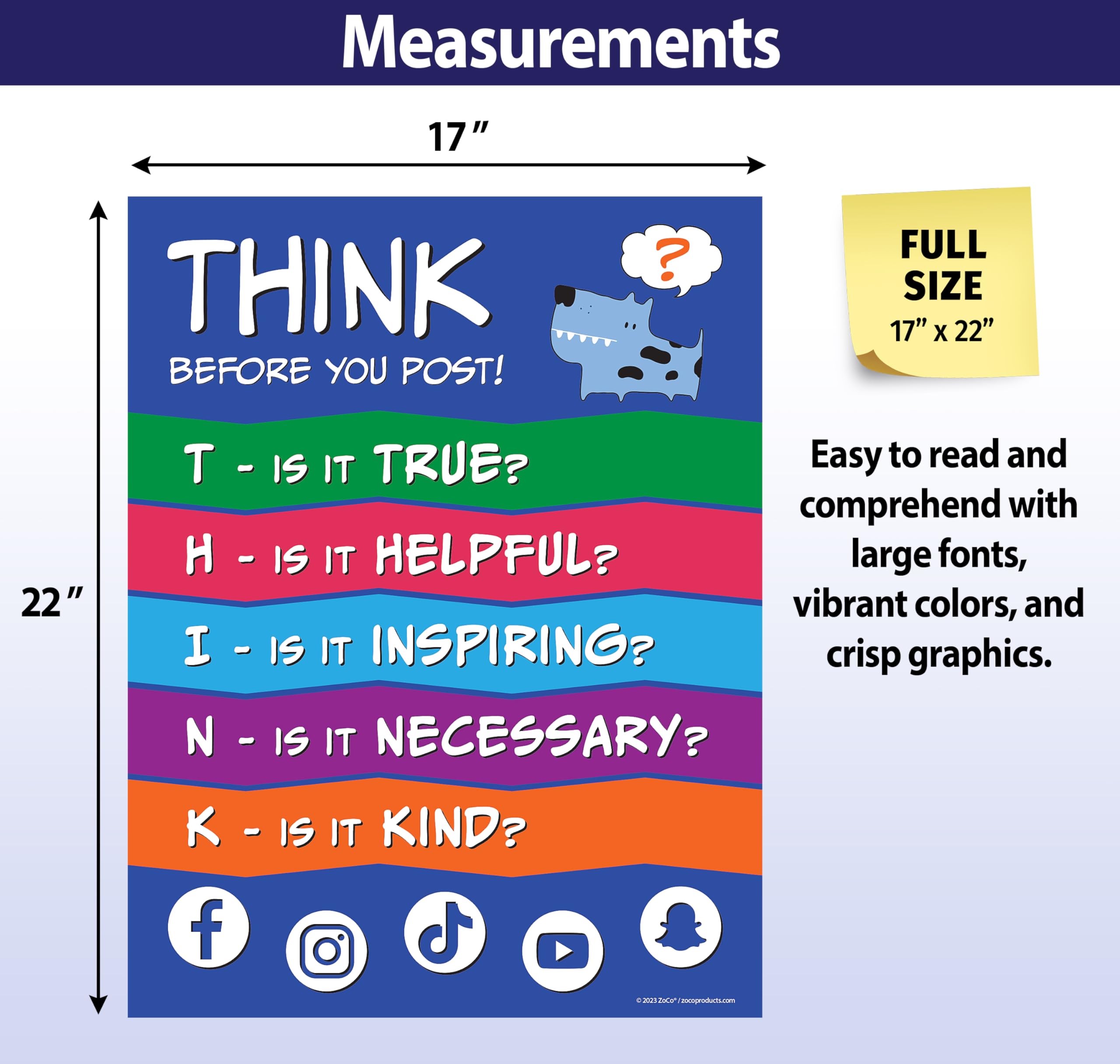 Safety Magnets THINK Before You Post Poster — Stop Bullying, Kindness, Growth Mindset, Middle School Classroom Posters — Laminated, 17 x 22 inches