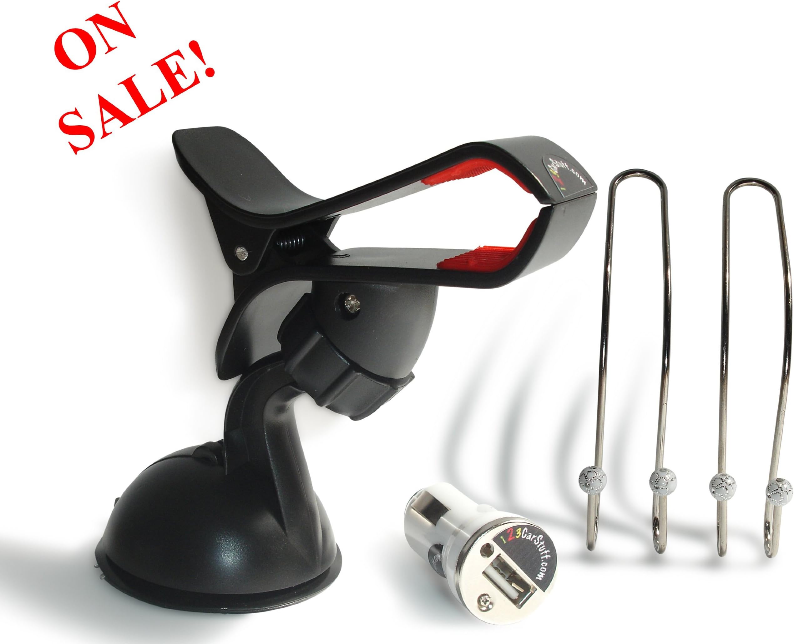 3 in 1 - Windshield Dashboard Universal Car Mount Holder + USB Car Charger for cell phones + 2 Car Hooks for bags - Works with iPhone 3/4/4S/5,Galaxy S4/S3/S2, HTC One DROID RAZR HD - Car Windshield Mobile Bracket -Car cell phone holder - Guaranteed high quality!