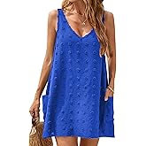 Blooming Jelly Womens Casual Sun Summer Dresses Swiss Polka Dot Beach Cover Up V Neck Tank Dress with Pockets