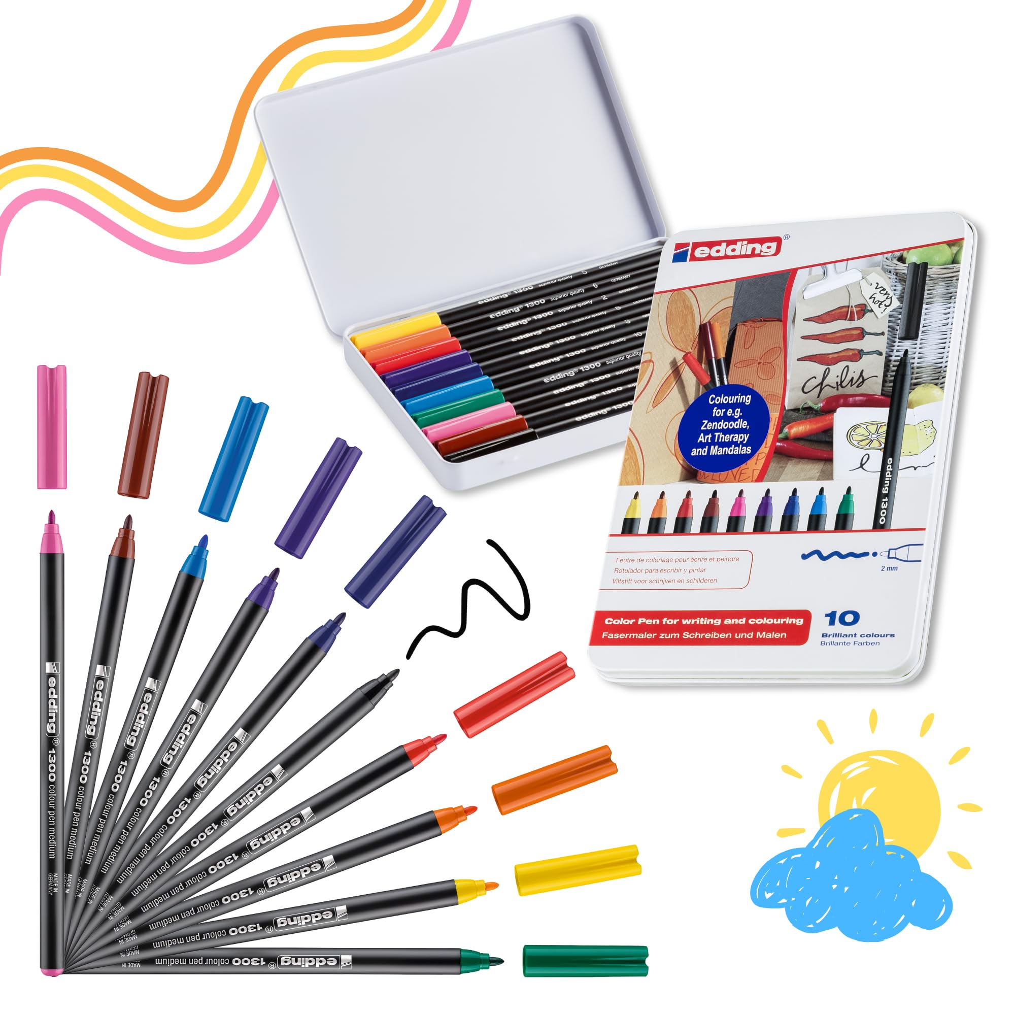 edding 1300 colour pen medium - multi-coloured - 10 pens - round nib 2 mm - felt pens for drawing and writing - felt pens for school, mandalas, bullet journals — image 1