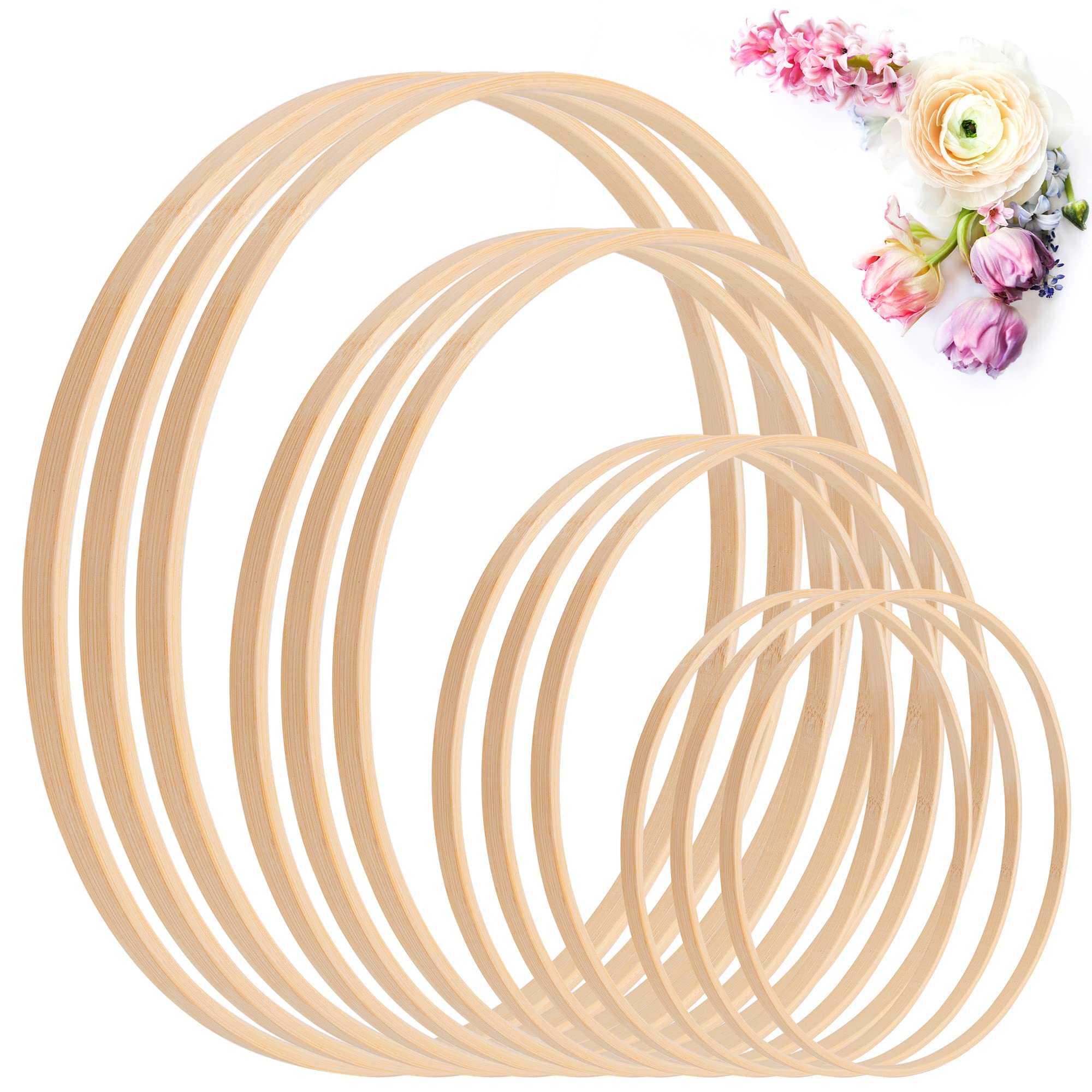 Johotone Wooden Bamboo Floral Hoop 12 Pack Macrame Craft Wreath Rings for DIY Wedding Party Wreath Decor & Crafts Making 4 Sizes (15 / 18 / 20 / 23 cm), L, (DIYHHDS_12-JHT)