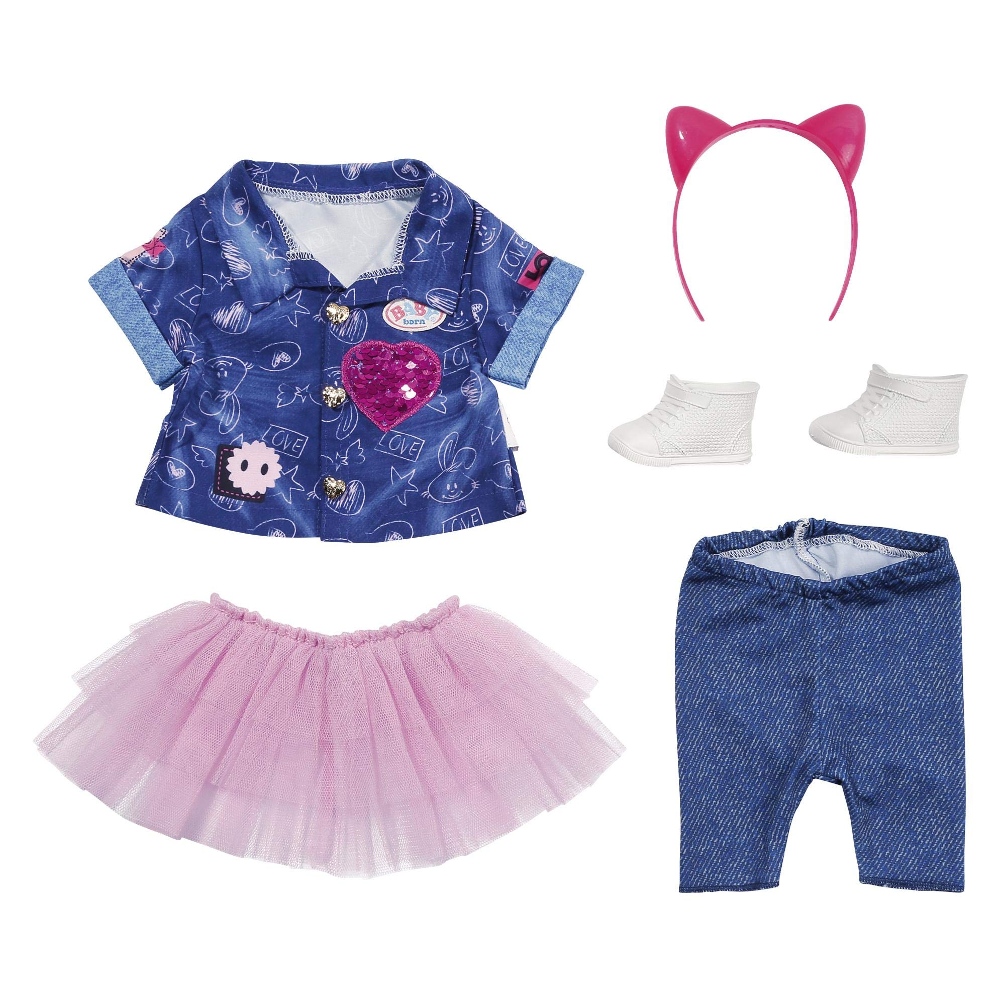 BABY born Deluxe Jeans Dress Toy Set for 43 cm Doll - Easy for Small Hands, Creative Play Promotes Empathy & Social Skills, For Toddlers 3 Years & Up - Includes Shirt, Leggings, Headband & More
