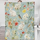 Zeleda Rabbit Blanket,Gifts for Nature Lovers,Lightweight Flannel Throw Blankets,Cute Bunny and Floral on Light Blue Background Throws Home Decor,for Couch Living Room Office,60x50inch