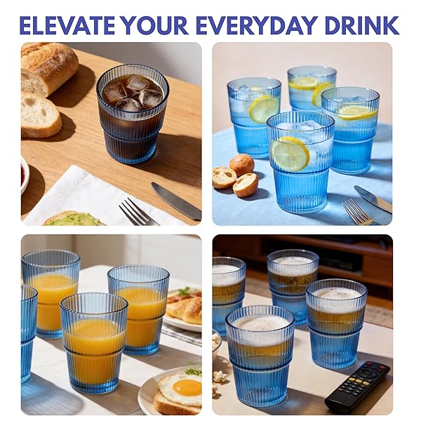 ELEMENT LABS RIBBED DRINKING GLASSES SET OF 4 – STACKABLE GLASS CUPS FOR KITCHEN – ICED COFFEE, WATER, JUICE & MOCKTAILS – AESTHETIC WATER TUMBLERS ELEGANT HOSTESS GIFTS HOME ESSENTIALS (14 FL OZ)