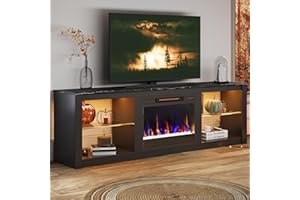 Bestier 70 Inch Fireplace TV Stand for TV up to 75", LED Entertainment Center with 23" Electric Fireplace Media Console Table for Living Room with Glass Shelves, Black Marble